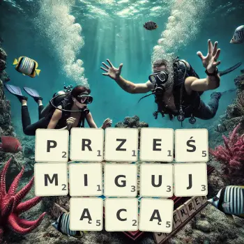 Kreatywna ilustracja do gry w Scrabble ze słowem PRZEŚMIGUJĄCĄ ułożonym z płytek na planszy.