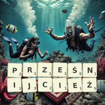 Kreatywna ilustracja do gry w Scrabble ze słowem PRZEŚNIJCIEŻ ułożonym z płytek na planszy.
