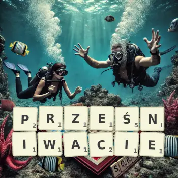 Kreatywna ilustracja do gry w Scrabble ze słowem PRZEŚNIWACIE ułożonym z płytek na planszy.