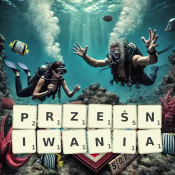 Kreatywna ilustracja do gry w Scrabble ze słowem PRZEŚNIWANIA ułożonym z płytek na planszy.