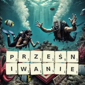 Kreatywna ilustracja do gry w Scrabble ze słowem PRZEŚNIWANIE ułożonym z płytek na planszy.