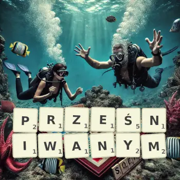 Kreatywna ilustracja do gry w Scrabble ze słowem PRZEŚNIWANYM ułożonym z płytek na planszy.
