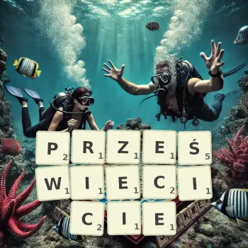 Kreatywna ilustracja do gry w Scrabble ze słowem PRZEŚWIECICIE ułożonym z płytek na planszy.
