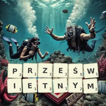 Kreatywna ilustracja do gry w Scrabble ze słowem PRZEŚWIETNYM ułożonym z płytek na planszy.