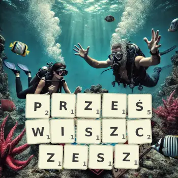 Kreatywna ilustracja do gry w Scrabble ze słowem PRZEŚWISZCZESZ ułożonym z płytek na planszy.