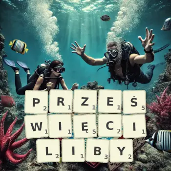 Kreatywna ilustracja do gry w Scrabble ze słowem PRZEŚWIĘCILIBY ułożonym z płytek na planszy.