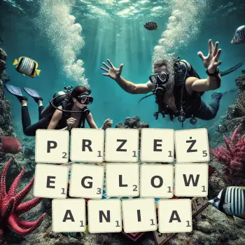 Kreatywna ilustracja do gry w Scrabble ze słowem PRZEŻEGLOWANIA ułożonym z płytek na planszy.
