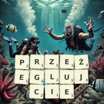 Kreatywna ilustracja do gry w Scrabble ze słowem PRZEŻEGLUJCIE ułożonym z płytek na planszy.