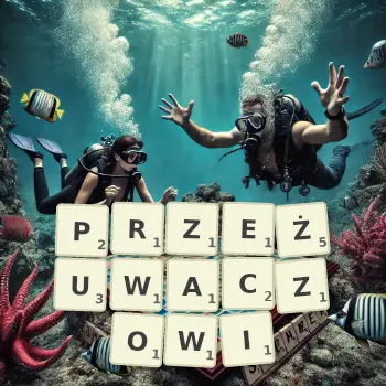 Kreatywna ilustracja do gry w Scrabble ze słowem PRZEŻUWACZOWI ułożonym z płytek na planszy.