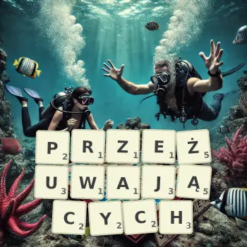 Kreatywna ilustracja do gry w Scrabble ze słowem PRZEŻUWAJĄCYCH ułożonym z płytek na planszy.