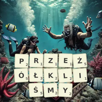 Kreatywna ilustracja do gry w Scrabble ze słowem PRZEŻÓŁKLIŚMY ułożonym z płytek na planszy.