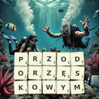 Kreatywna ilustracja do gry w Scrabble ze słowem PRZODORZĘSKOWYM ułożonym z płytek na planszy.