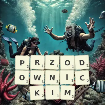 Kreatywna ilustracja do gry w Scrabble ze słowem PRZODOWNICKIM ułożonym z płytek na planszy.