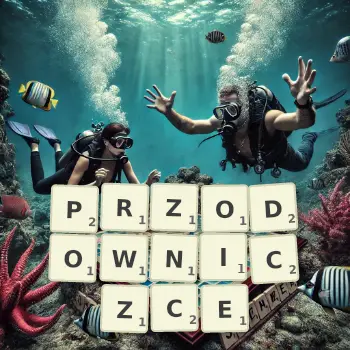 Kreatywna ilustracja do gry w Scrabble ze słowem PRZODOWNICZCE ułożonym z płytek na planszy.