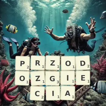 Kreatywna ilustracja do gry w Scrabble ze słowem PRZODOZGIECIA ułożonym z płytek na planszy.