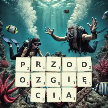 Kreatywna ilustracja do gry w Scrabble ze słowem PRZODOZGIĘCIA ułożonym z płytek na planszy.