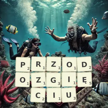 Kreatywna ilustracja do gry w Scrabble ze słowem PRZODOZGIĘCIU ułożonym z płytek na planszy.
