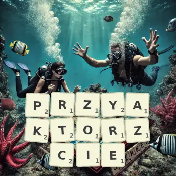 Kreatywna ilustracja do gry w Scrabble ze słowem PRZYAKTORZCIE ułożonym z płytek na planszy.