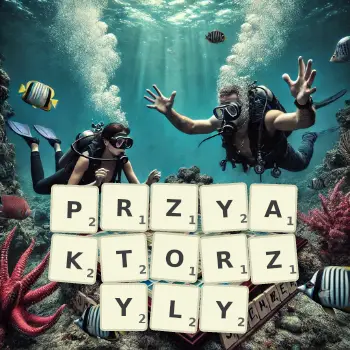 Kreatywna ilustracja do gry w Scrabble ze słowem PRZYAKTORZYLY ułożonym z płytek na planszy.