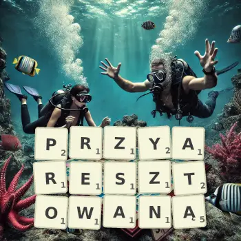 Kreatywna ilustracja do gry w Scrabble ze słowem PRZYARESZTOWANĄ ułożonym z płytek na planszy.