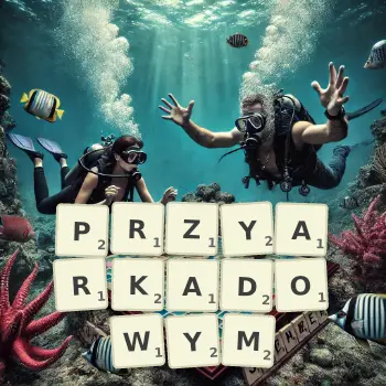 Kreatywna ilustracja do gry w Scrabble ze słowem PRZYARKADOWYM ułożonym z płytek na planszy.