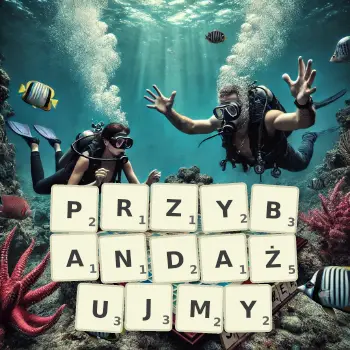 Kreatywna ilustracja do gry w Scrabble ze słowem PRZYBANDAŻUJMY ułożonym z płytek na planszy.