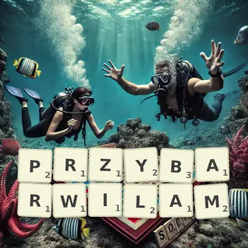 Kreatywna ilustracja do gry w Scrabble ze słowem PRZYBARWILAM ułożonym z płytek na planszy.