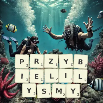 Kreatywna ilustracja do gry w Scrabble ze słowem PRZYBIELILYSMY ułożonym z płytek na planszy.