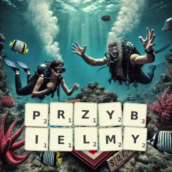 Kreatywna ilustracja do gry w Scrabble ze słowem PRZYBIELMY ułożonym z płytek na planszy.