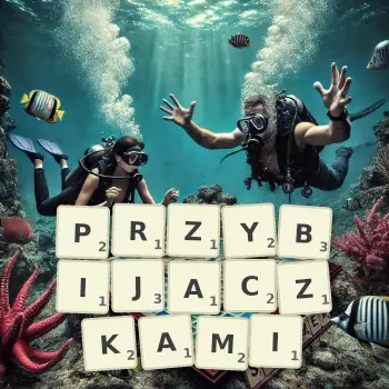 Kreatywna ilustracja do gry w Scrabble ze słowem PRZYBIJACZKAMI ułożonym z płytek na planszy.