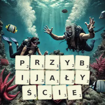 Kreatywna ilustracja do gry w Scrabble ze słowem PRZYBIJAŁYŚCIE ułożonym z płytek na planszy.