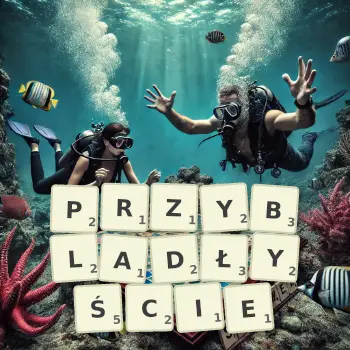 Kreatywna ilustracja do gry w Scrabble ze słowem PRZYBLADŁYŚCIE ułożonym z płytek na planszy.