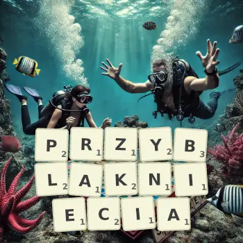 Kreatywna ilustracja do gry w Scrabble ze słowem PRZYBLAKNIECIA ułożonym z płytek na planszy.