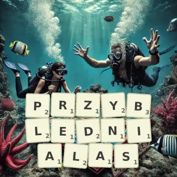 Kreatywna ilustracja do gry w Scrabble ze słowem PRZYBLEDNIALAS ułożonym z płytek na planszy.