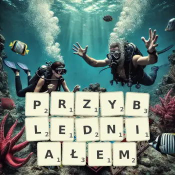 Kreatywna ilustracja do gry w Scrabble ze słowem PRZYBLEDNIAŁEM ułożonym z płytek na planszy.