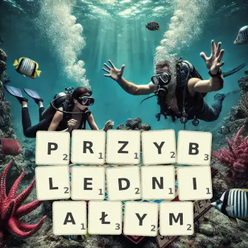 Kreatywna ilustracja do gry w Scrabble ze słowem PRZYBLEDNIAŁYM ułożonym z płytek na planszy.