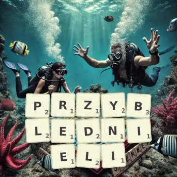 Kreatywna ilustracja do gry w Scrabble ze słowem PRZYBLEDNIELI ułożonym z płytek na planszy.