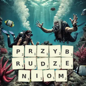 Kreatywna ilustracja do gry w Scrabble ze słowem PRZYBRUDZENIOM ułożonym z płytek na planszy.