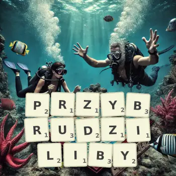 Kreatywna ilustracja do gry w Scrabble ze słowem PRZYBRUDZILIBY ułożonym z płytek na planszy.