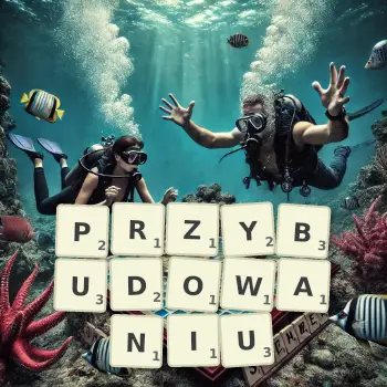 Kreatywna ilustracja do gry w Scrabble ze słowem PRZYBUDOWANIU ułożonym z płytek na planszy.
