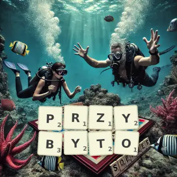 Kreatywna ilustracja do gry w Scrabble ze słowem PRZYBYTO ułożonym z płytek na planszy.