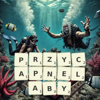 Kreatywna ilustracja do gry w Scrabble ze słowem PRZYCAPNELABY ułożonym z płytek na planszy.