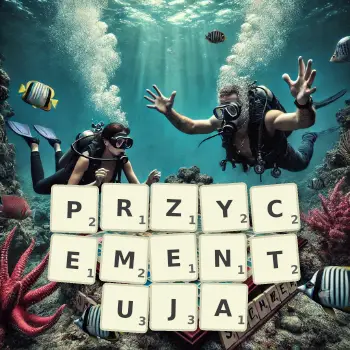 Kreatywna ilustracja do gry w Scrabble ze słowem PRZYCEMENTUJA ułożonym z płytek na planszy.