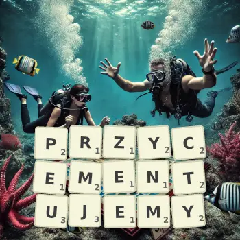Kreatywna ilustracja do gry w Scrabble ze słowem PRZYCEMENTUJEMY ułożonym z płytek na planszy.