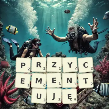 Kreatywna ilustracja do gry w Scrabble ze słowem PRZYCEMENTUJĘ ułożonym z płytek na planszy.