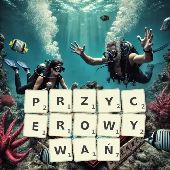 Kreatywna ilustracja do gry w Scrabble ze słowem PRZYCEROWYWAŃ ułożonym z płytek na planszy.