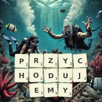 Kreatywna ilustracja do gry w Scrabble ze słowem PRZYCHODUJEMY ułożonym z płytek na planszy.