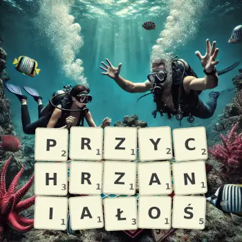 Kreatywna ilustracja do gry w Scrabble ze słowem PRZYCHRZANIAŁOŚ ułożonym z płytek na planszy.