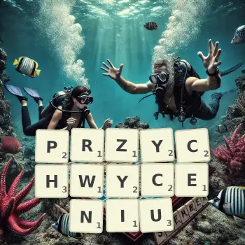 Kreatywna ilustracja do gry w Scrabble ze słowem PRZYCHWYCENIU ułożonym z płytek na planszy.