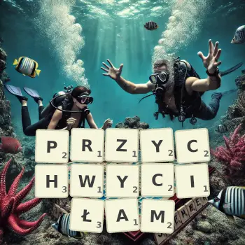 Kreatywna ilustracja do gry w Scrabble ze słowem PRZYCHWYCIŁAM ułożonym z płytek na planszy.